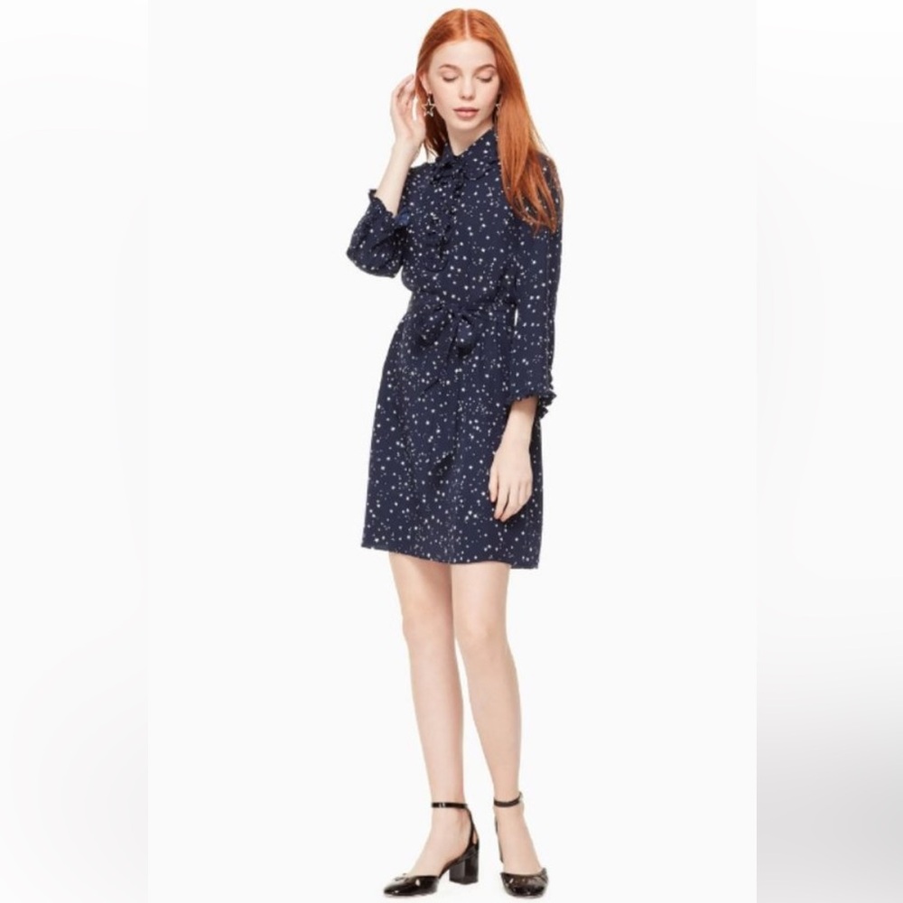 KATE SPADE Navy Blue Starry Night Sky Silk Shirtdress, Size XSmall
